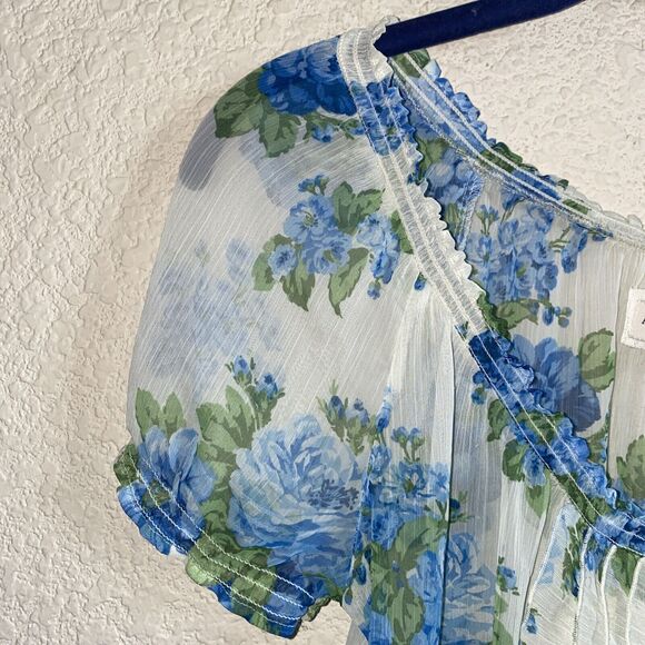 Abercrombie & Fitch Sheer Fairy Blue Flower Floral Ruffles whimsical S 90s top - Picture 4 of 8